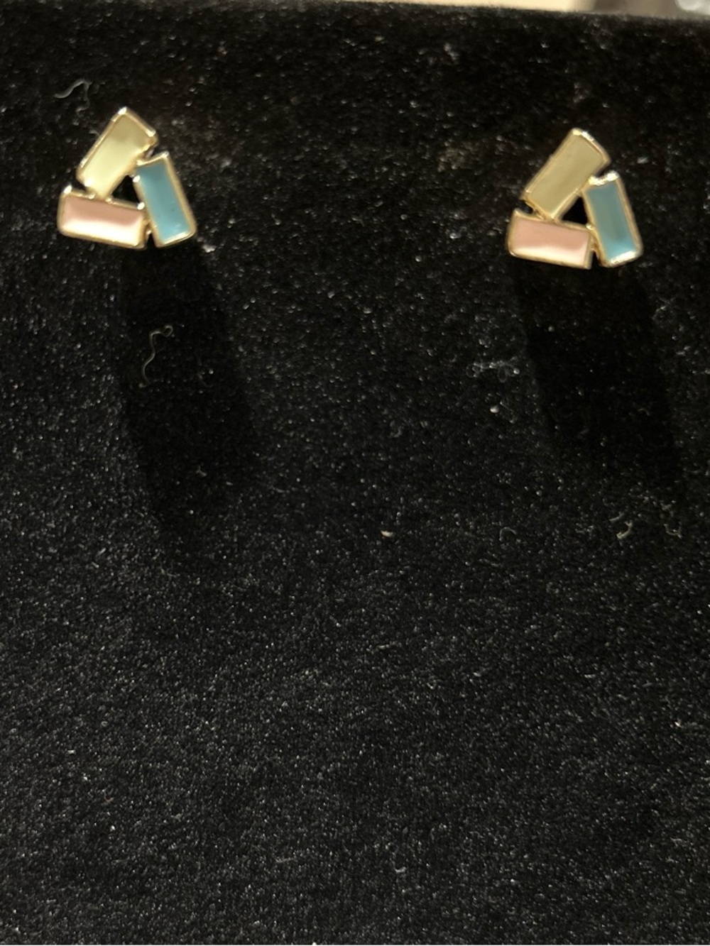 Gold Tone Triangle Stud Earrings with Pink, Blue & Cream Enamel - Women Jewelry